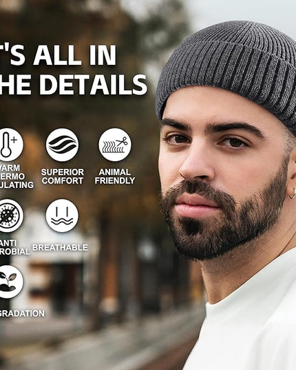 100% Merino Wool Fisherman Beanie for Men Women, Short Knit Cuff Trawler Winter Hat, Warm Soft Outdoor Gift