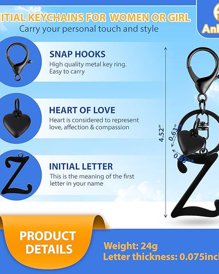 A-Z Heart Initial Letter Keychain, Stainless Steel Alphabet Charm for Handbags, Gift for Women and Girls