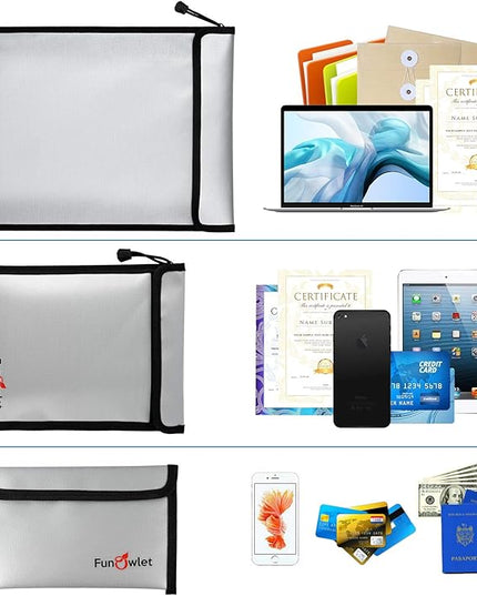 FunOwlet Fireproof Waterproof Document Bag – 3 Pack Fire and Water Resistant Zipper Storage Organizer & Money Safe Pouch Set for Important Papers, Cash, Passports, Jewelry & Electronics (Gray)