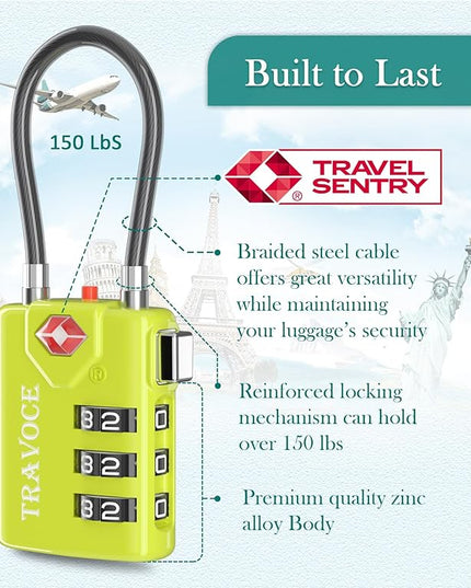 Search Alert TSA Approved Travel Combination Luggage Cable Locks for Suitcase, Gym Locker,Toolbox,Backpack 1,2,4,6 &10 pk (Lime 4 Pack)