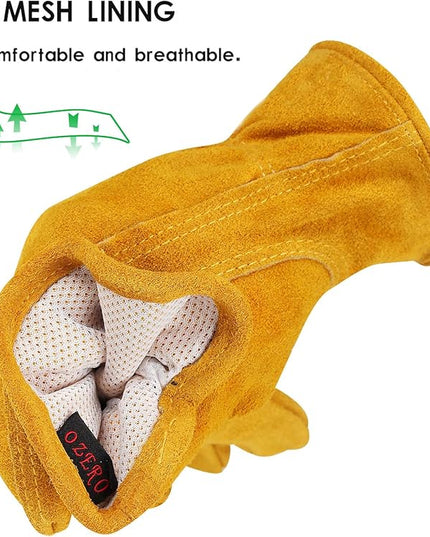 OZERO Leather Work Gloves Flex Grip Tough Cowhide Gardening Glove for Men and Women (Large, Gold With Mesh Linning)
