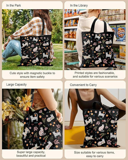 Canvas Tote Bag with Pockets - Aesthetic Reusable Totes for Women Ladies Cute Printed Cloths Canvas Shoulder Bag