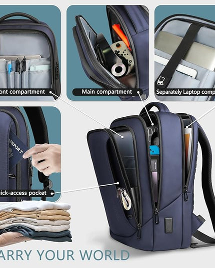 hk Laptop Backpack for Men with USB Charging Port Water-Resistant for 15.6 Inch Computer Bag Durable High-Tech Daypack Casual Backpack for Business Work College Weekender Travel- Blue