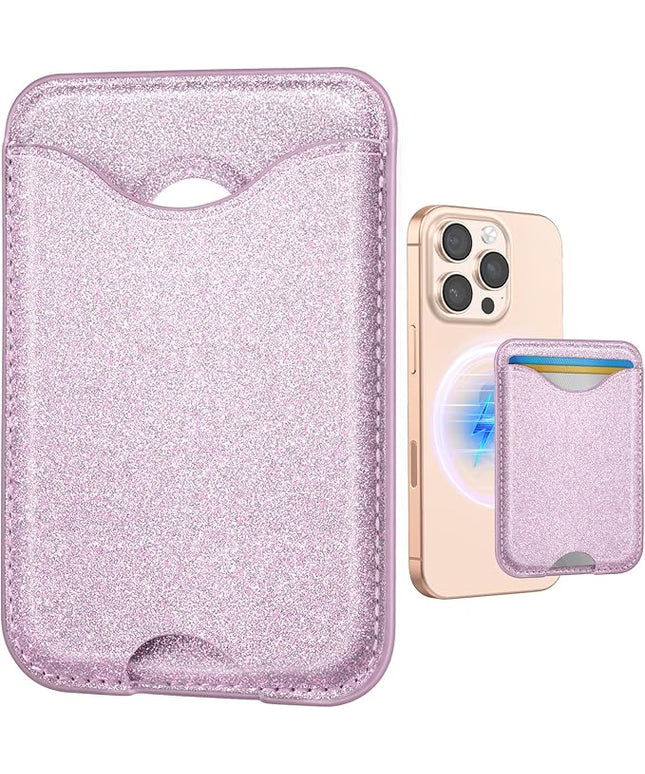 Shorogyt Compatible with Magsafe Wallet Magnetic Card Holder - Glitter Light Purple Phone Wallets for Women Teen Girls for iPhone 17/16/15/14/13/12 Series Slim for Apple Mag RFID Magnet, Fit 3 Cards