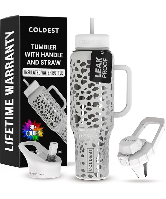 Coldest Tumbler with Handle and Straw, 100% Leak Proof Insulated Tumbler with Lid and Straw (3 Lids), Stainless Steel Tumblers for Women & Men, Cup Holder Friendly, 46 oz (Silver Leopard)