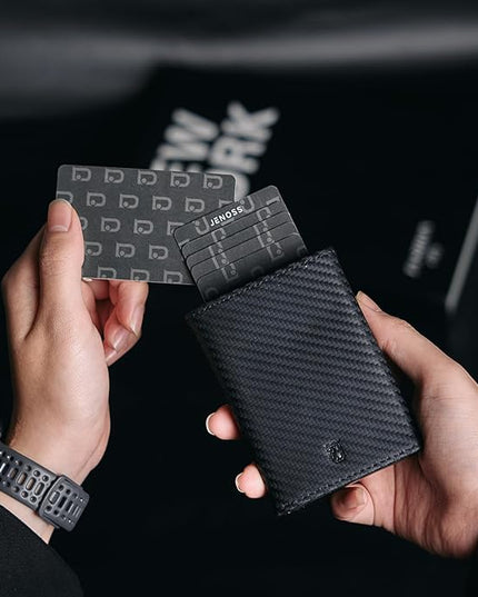 Jenoss Smart Wallet For Men: Full Grain Leather, Handcrafted, Slide Metal Pop Up Case, Slim RFID Blocking Credit Card Holder, Minimalist, Compact - 9-12 Card Organizers | ID | Money Clip (Carbon)