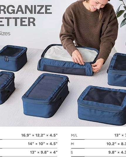 Aerotrunk Compression Packing Cubes for Travel - Luggage Organizer Bags - Double Zipper Packing Cubes for Suitcases (6-Pack, Dark Blue)