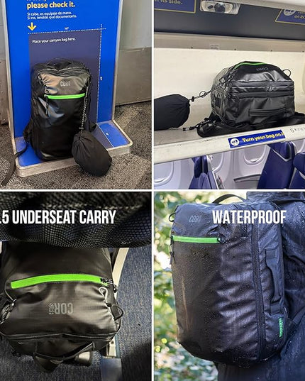 COR Surf Carry On Travel Backpack | Island Hopper 2.0 Ultralight Airline Approved Personal Item Backpack | 28L Black | Waterproof Edition - FREE S-Clip Included