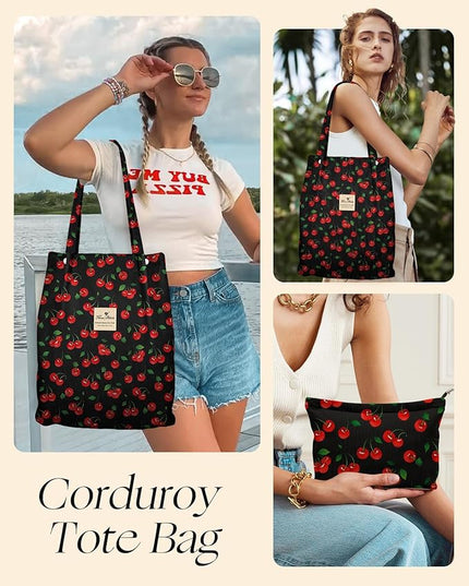 Aesthetic 2 Pack Corduroy Tote Bag - with Makeup Pouch Bag for Women Reusable Grocery Bag for Gym, Travel, Work