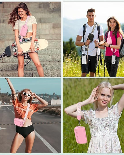Clip and Go Strap for Phone with Wallet Crossbody, Adjustable Phone Lanyard with Detachable RFID Wristlet Wallet, Pattern Strap - Pink(L)