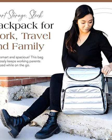 Citi Collective Gallery Diaper Bag Backpack - Casual Day-to-Day Backpack Fits 15" Laptop - Travel Bag with Multiple Compartments, Pockets, Portable Changing Pad, and Shoulder Strap-Silver