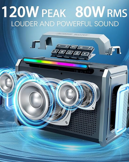 Portable Bluetooth Speaker 80W Loud Wireless Outdoor Stereo Sound Deep Bass IPX5 Waterproof Big Powerful Large Party Speakers with Colorful LED Lights, TWS, EQ, AUX, USB for Home Travel Camping