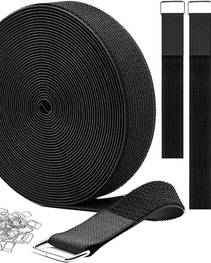 1.5"x32ft Hook and Loop Straps with 30 Metal Buckles, Adjustable Fastening Cable Straps, Cut-to-Length Cinch Strap, Reusable Nylon Securing Cord Ties for Organizer or Storage, Black