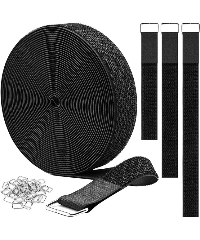 1.5"x32ft Hook and Loop Straps with 30 Metal Buckles, Adjustable Fastening Cable Straps, Cut-to-Length Cinch Strap, Reusable Nylon Securing Cord Ties for Organizer or Storage, Black