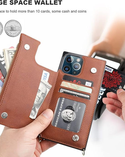 Bocasal Crossbody Wallet Case for iPhone 12 Pro Max with Card Holder,Zipper Card Slot Protector Shockproof Purse Cover with Removable Cross Body Strap 6.7 Inch(Brown)
