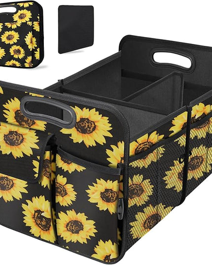 Trunk Organizer, Collapsible Trunk Organizers and Storage, Car Accessories for Women and Men, Multi-Compartment Trunk Storage Organizer for SUV, Car, Mini-Van - Sunflower