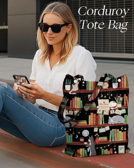 Corduroy Tote Bag for Women - Reusable Totes with Pocket & Buckle Cute Aesthetic Shoulder Bag for Work Travel
