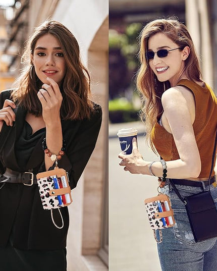 Keychain Wallet with Bracelet RFID Blocking Wristlet Credit Purse Card Holder, Silicone Bead Tassel Key Ring for Women