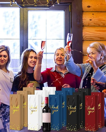 Ctosree 30 Pcs Wine Bottle Gift Bag with Handle 4.3x3.5x13.7 Liquor Paper Bag for Thank You Favor Gold Foil Kraft Whiskey Tote Carrier for Wedding Birthday Bridal Valentine's day Party(5 Colors)