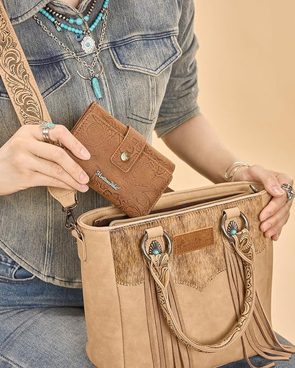 Montana West Brown Wallets for Women Embossed Floral Wallet Womens Trifold Small Wallets Woman Card Cash Wallet Ladies Female RFID Wallets with ID Window