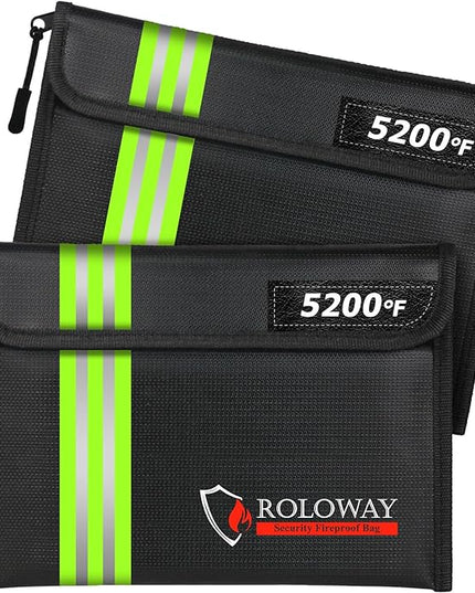 ROLOWAY Fireproof Bag (9.6 x 6.6 inches) 5200℉ Heat Insulated with Reflective Strip, Fireproof Money Bag with Zipper for Cash (2-Pack Black)