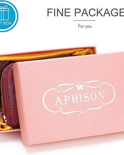 APHISON RFID Credit Card Holder Zipper Card Case Keychain Small Wallet for Women 1927 PURPLISH-RED