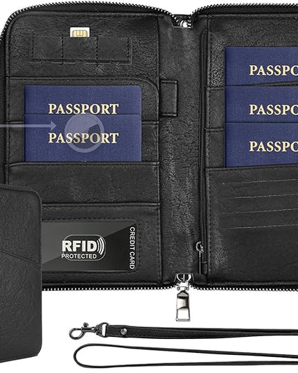 Family Passport Holder Wallet RFID Travel Document Organizer for Women Men, Portable Case Cover for Cards, Boarding Pass with Wrist & Neck Double Strap, Travel Christmas Gifts (Textured Black, 1pack)
