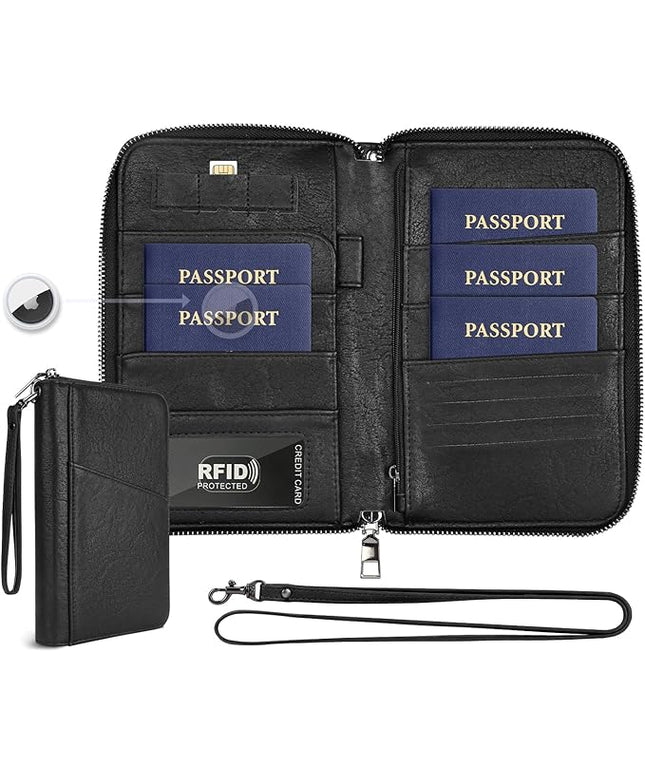 Family Passport Holder Wallet RFID Travel Document Organizer for Women Men, Portable Case Cover for Cards, Boarding Pass with Wrist & Neck Double Strap, Travel Christmas Gifts (Textured Black, 1pack)