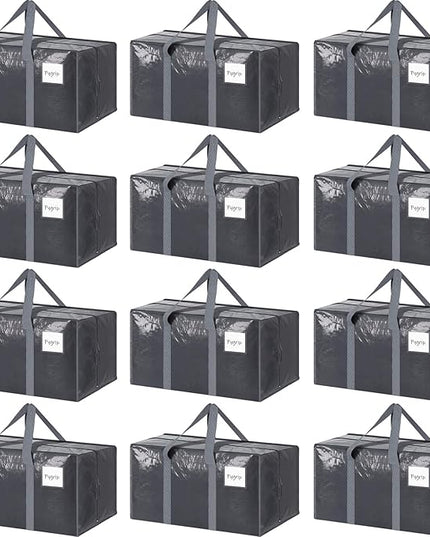 12 Pack Extra Heavy Duty Large Moving Bags with Strong Zipper & Comfortable Handles, Sturdy & Durable Clothes Storage Bags Totes Bins, Packing Moving Boxes for College Supplies, Gray