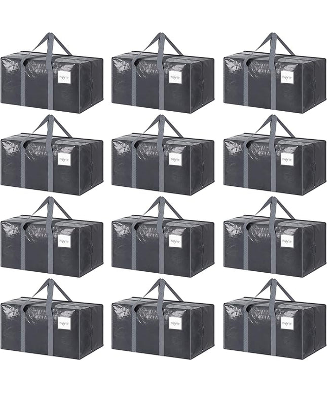 12 Pack Extra Heavy Duty Large Moving Bags with Strong Zipper & Comfortable Handles, Sturdy & Durable Clothes Storage Bags Totes Bins, Packing Moving Boxes for College Supplies, Gray