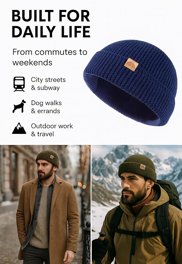 TOP-EX PolarWool™ 100% Merino Wool Fisherman Beanie Hat | Soft Single Layer Warm Short Sailor Trawler Cap for Men Women