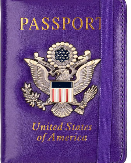 TOURSUIT RFID Blocking Passport Holder for Women Men, Leather Passport Travel Wallet with Metal 3D Metal Badge, Travel Document Holder Cover Accessories (Purple)