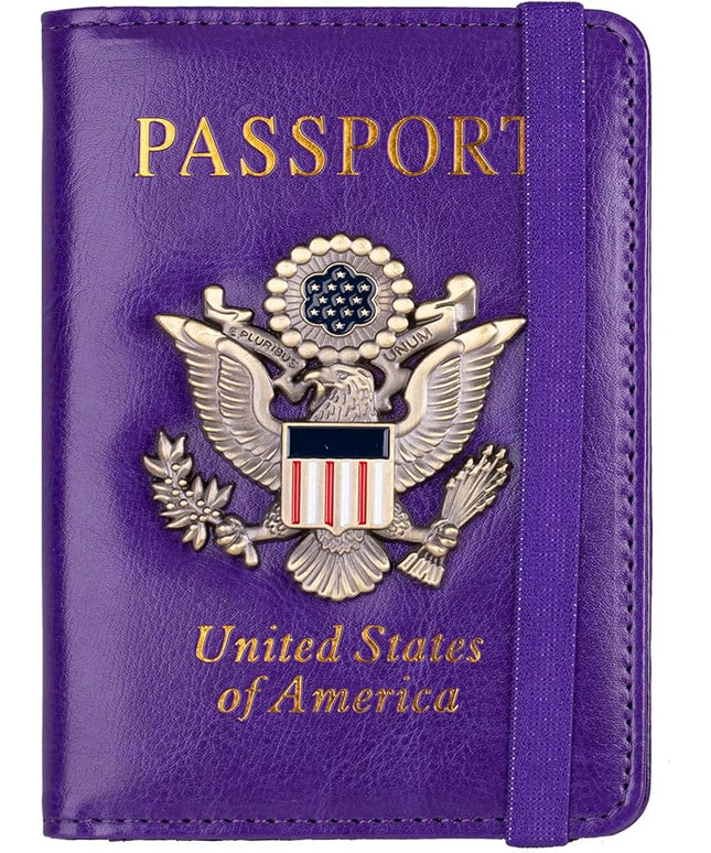 TOURSUIT RFID Blocking Passport Holder for Women Men, Leather Passport Travel Wallet with Metal 3D Metal Badge, Travel Document Holder Cover Accessories (Purple)