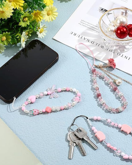 Ecally 3 Pcs Phone Charms Strap Camera Charm Strap Pearl Beaded Butterfly Bow Flower Cute Phone Wrist Lanyard Bracelet for Camera Keychain Wallet Decor Christmas New Year Gifts