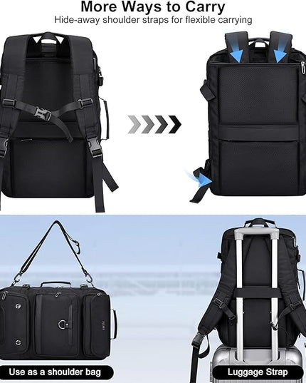 PIJUSHI Carry on Travel Backpack for Women Men Convertible Duffel Bag Backpack Large Luggage Rucksack Fit 16 Inch Laptop(PE039 Black)