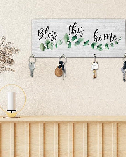 Yhtmbf Bless This Home Wooden Key Holder for Wall - 5"x10" Key Organizer Hanger with 4 Hooks for Front Door Hallway Entryway Kitchen - Home Office Decor & Housewarming Gifts Supplies - A01