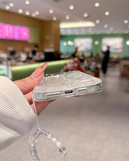 for iPhone 15 Case, [Premium 3D Silver Bow Pattern] [Transparent Creative Case] [2-in-1 Beaded Wrist Strap] Soft TPU Shockproof for Women and Girl
