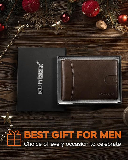 RUNBOX Slim Wallet for Men Genuine Leather RFID Blocking Bifold Minimalist Front Pocket Mens Wallet with Money Clip Thin Gift Box