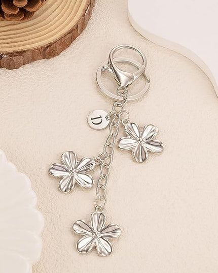 XGALBLA Gold/Silver Initial Keychain Flower Charms for Key Cute Letter Keyring for Purse Handbag Backpack