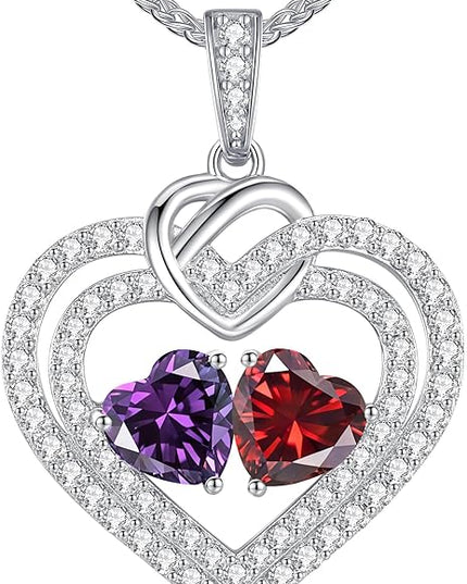LOUISA SECRET Sparkling Double Heart Birthstone Necklaces for Women, 925 Sterling Silver Fine Jewelry, Pendant Heart Necklaces Birthday Anniversary Christmas Gift for Women Wife Mom Girlfriend Lady
