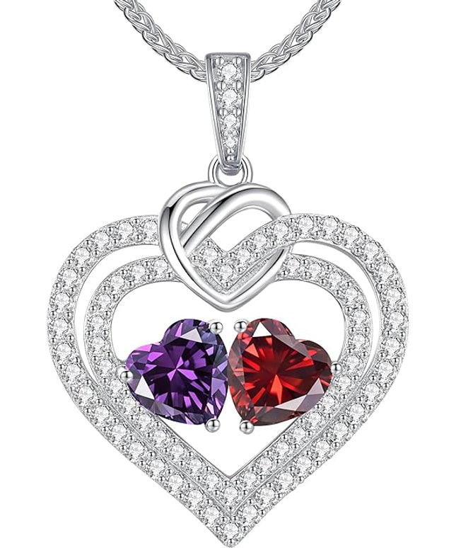 LOUISA SECRET Sparkling Double Heart Birthstone Necklaces for Women, 925 Sterling Silver Fine Jewelry, Pendant Heart Necklaces Birthday Anniversary Christmas Gift for Women Wife Mom Girlfriend Lady