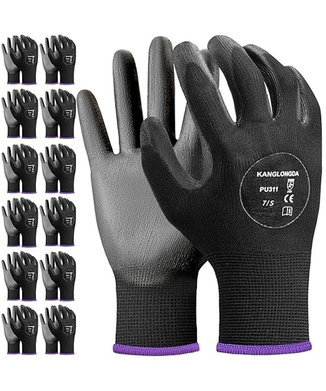 Kebada Safety Work Gloves, 12 Pairs Work Gloves with Grip, PU Coated Grip Gloves for Warehouse, Construction, Gardening and Mechanics, Black, Small