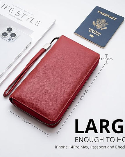 Bveyzi Women RFID Blocking Wallet Leather Zip Around Phone Clutch Large Capacity Ladies Travel Purse Wristlet | RFID Blocking, Zip Around, Large Capacity