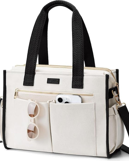 Canvas Tote Bag for Women, 15-Pockets Work Laptop Tote Purse Large Crossbody Nurse Teacher Bible Bag for School Travel Daily | with Strap & Zipper, Multi Compartment, Stand Upright Stably, College Shoulder Bag, Clinical Nursing Bag, Ideal Gift for Women