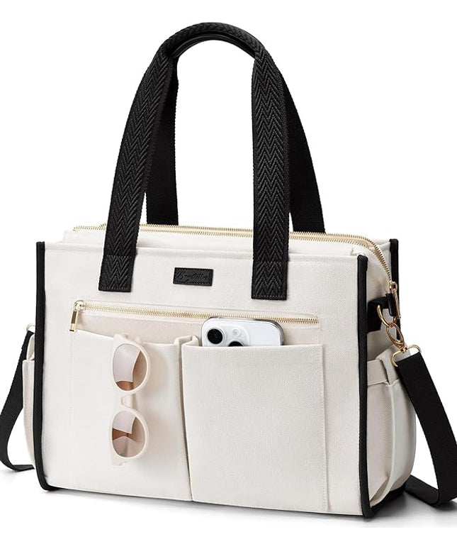 Canvas Tote Bag for Women, 15-Pockets Work Laptop Tote Purse Large Crossbody Nurse Teacher Bible Bag for School Travel Daily | with Strap & Zipper, Multi Compartment, Stand Upright Stably, College Shoulder Bag, Clinical Nursing Bag, Ideal Gift for Women