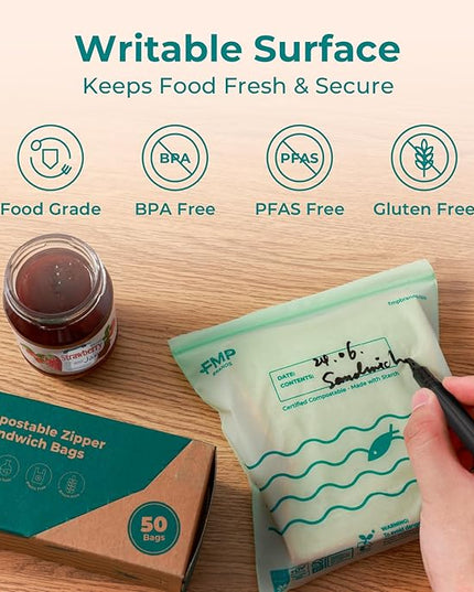 Fit Meal Prep 50 Pack 100% Compostable Sandwich Bags, 6.5 x 6.7" Resealable Food Storage Freezer Bags, Eco Friendly Snack Bags for Travel, ASTM D6400, US BPI & EU OK Compost Certified