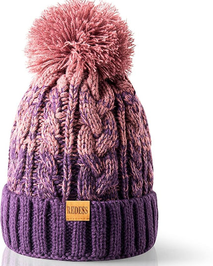 REDESS Women Winter Pompom Beanie Hat with Warm Fleece Lined, Thick Slouchy Snow Knit Skull Ski Cap