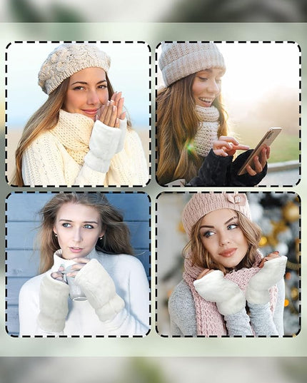 Geyoga 2 Pairs Winter Fingerless Faux Fur Gloves Women Warm Furry Convertible Fingerless Soft Smooth Gloves