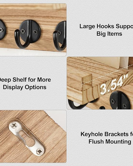 Lwenki Key Holder for Wall, Decorative Key and Mail Holder with Shelf Has Large Key Hooks for Bags, Coats – Paulownia Wood Key Hanger with Mounting Hardware (9.8”W x 6.7”H x 4.2”D) (Burnt Wood)