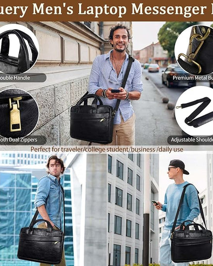 Faux Leather Messenger Bag for Men 17-17.3 Inch: Laptop Bag Briefcase Computer Handbags Shoulder Crossbody Bag with Padded Laptop Sleeve for Work College Travel, PU Black